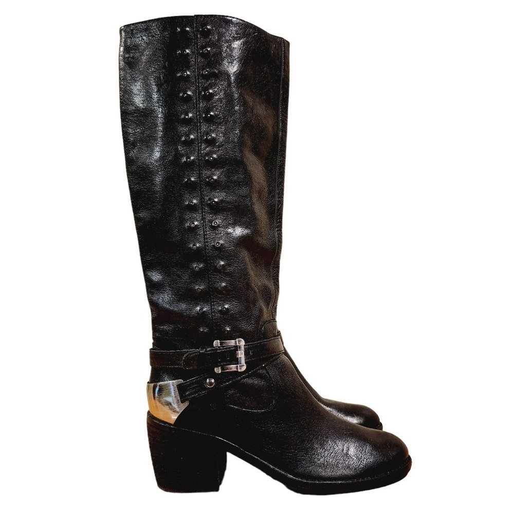 Donald J. Pliner Bara Leather Studded Western Buckle Almond Toe Knee High Boots